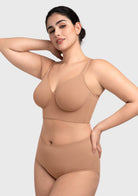 45-degree view displaying the excellent lift and centered side support of the caramel seamless T-shirt bra