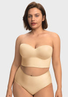 Front view of the champagne longline strapless corset bra, an elegant and supportive choice for bridal gowns or evening wear.