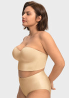 Side profile of the champagne smooth satin balconette corset bra, expertly contoured to embrace and sculpt full figures.