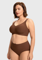 Side angle of the cocoa brown wireless nursing bra, demonstrating the supportive lift and breathable airflow side panels for all-day cooling comfort.