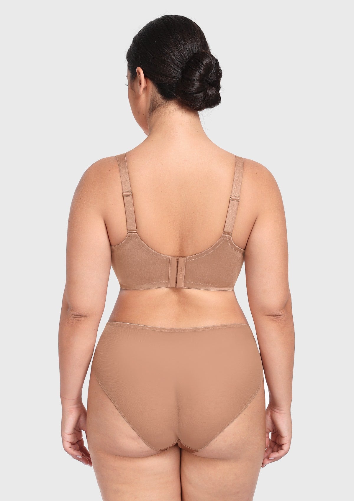 Rear view of the dark beige balconette bra, detailing the smoothing U-shaped back and wide zero-pressure straps for all-day comfort.