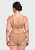 Rear view of the dark beige balconette bra, detailing the smoothing U-shaped back and wide zero-pressure straps for all-day comfort.