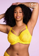 Pretty In Petals Bright Yellow Unlined Strappy Lace Bra Set - HSIA