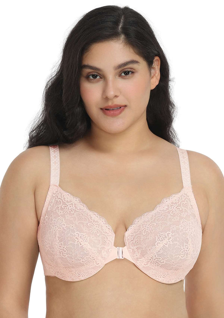 HSIA Nymphaea Front-Close  Dusty Peach Lace Unlined Underwire Bra Set Dusty Peach / 34 / C
