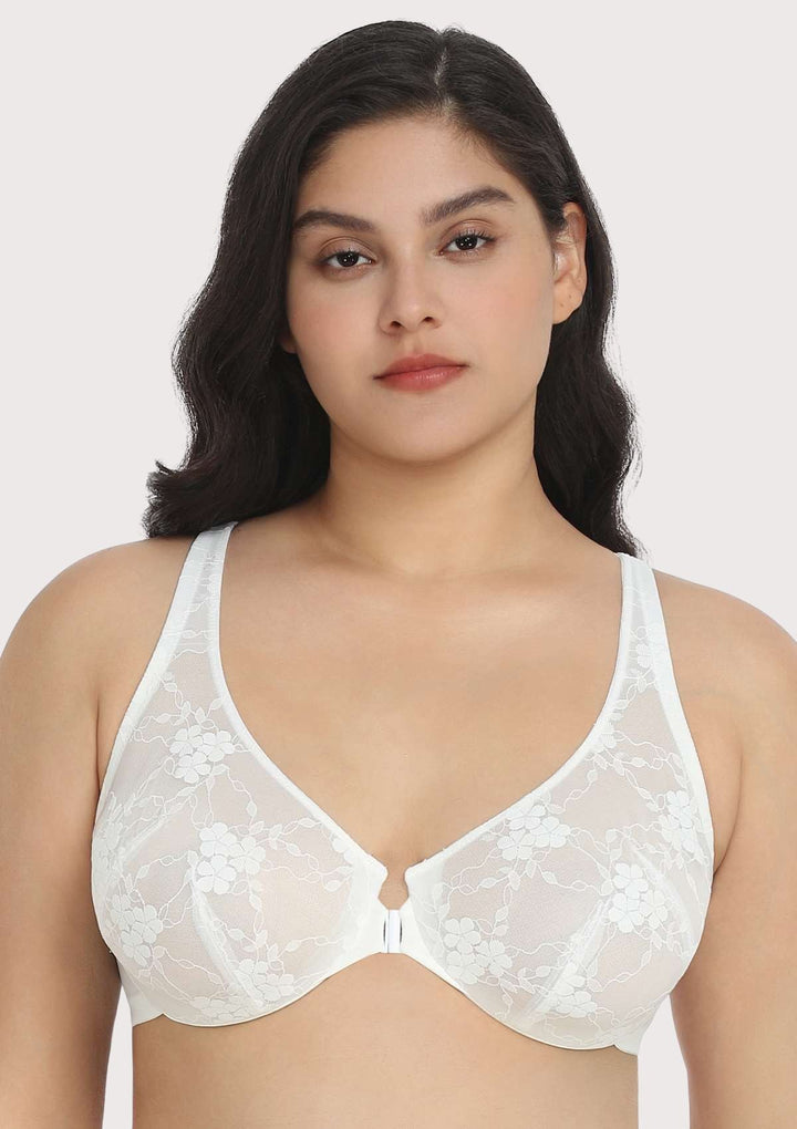 HSIA Spring Romance Front-Close Floral White Lace Unlined Bra Set White / 34 / C