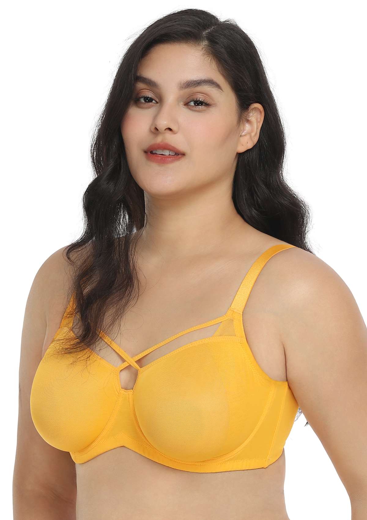 Billie Cross Front Strap Yellow Smooth Sheer Mesh Underwire Bra Set - HSIA