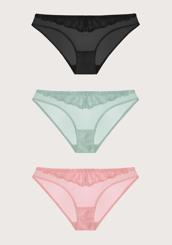HSIA HSIA Mesh Lace Bikini Panties 3 Pack S / Black+Jadeite+Light Coral