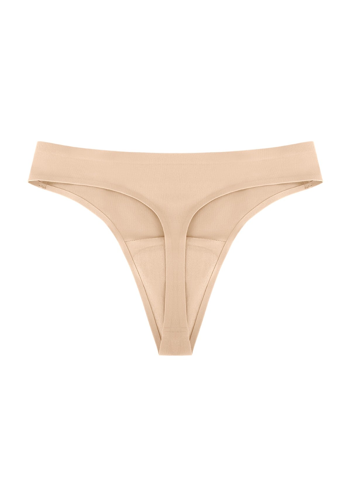 Detailed 3D shot of the beige anti-camel toe thong, emphasizing the moisture-wicking 100% cotton gusset for hygiene.