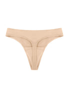 Detailed 3D shot of the beige anti-camel toe thong, emphasizing the moisture-wicking 100% cotton gusset for hygiene.