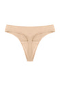 Detailed 3D shot of the beige anti-camel toe thong, emphasizing the moisture-wicking 100% cotton gusset for hygiene.