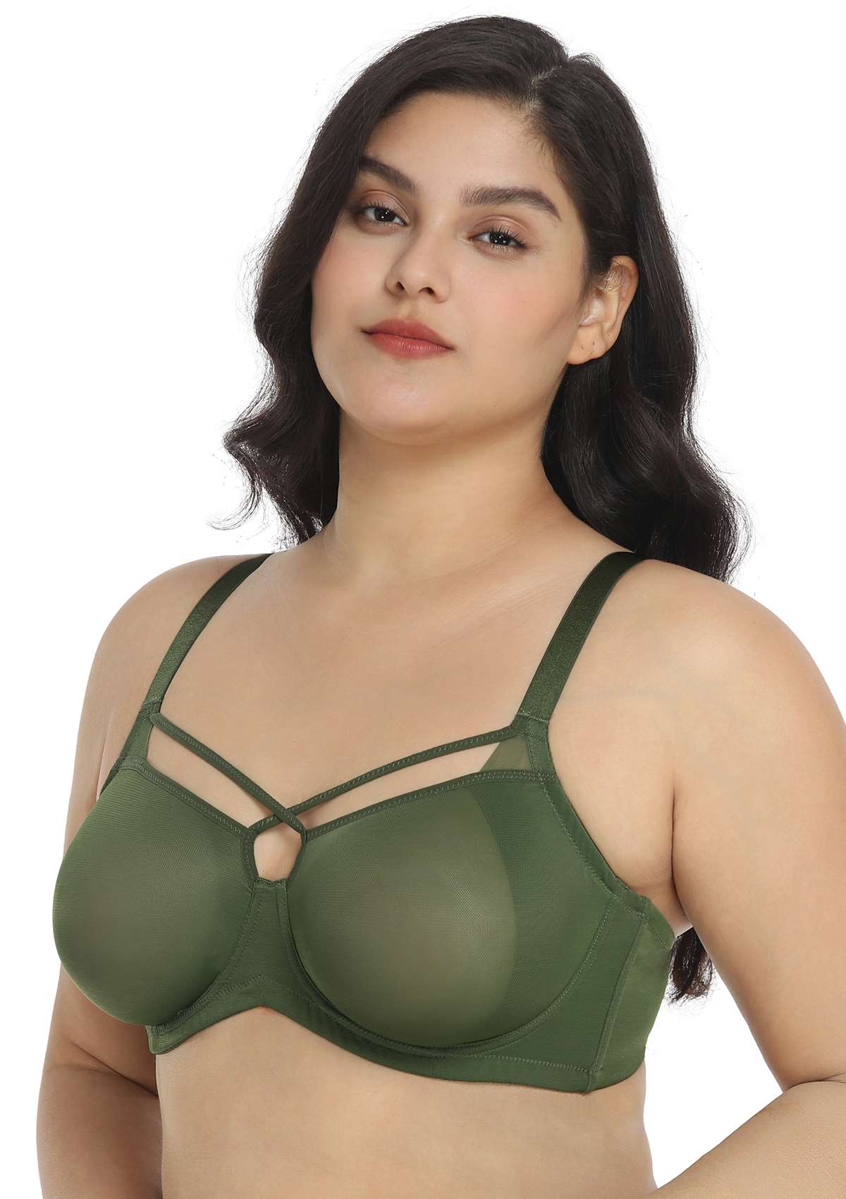 Billie Cross Front Strap Dark Green Smooth Sheer Mesh Underwire Bra - HSIA