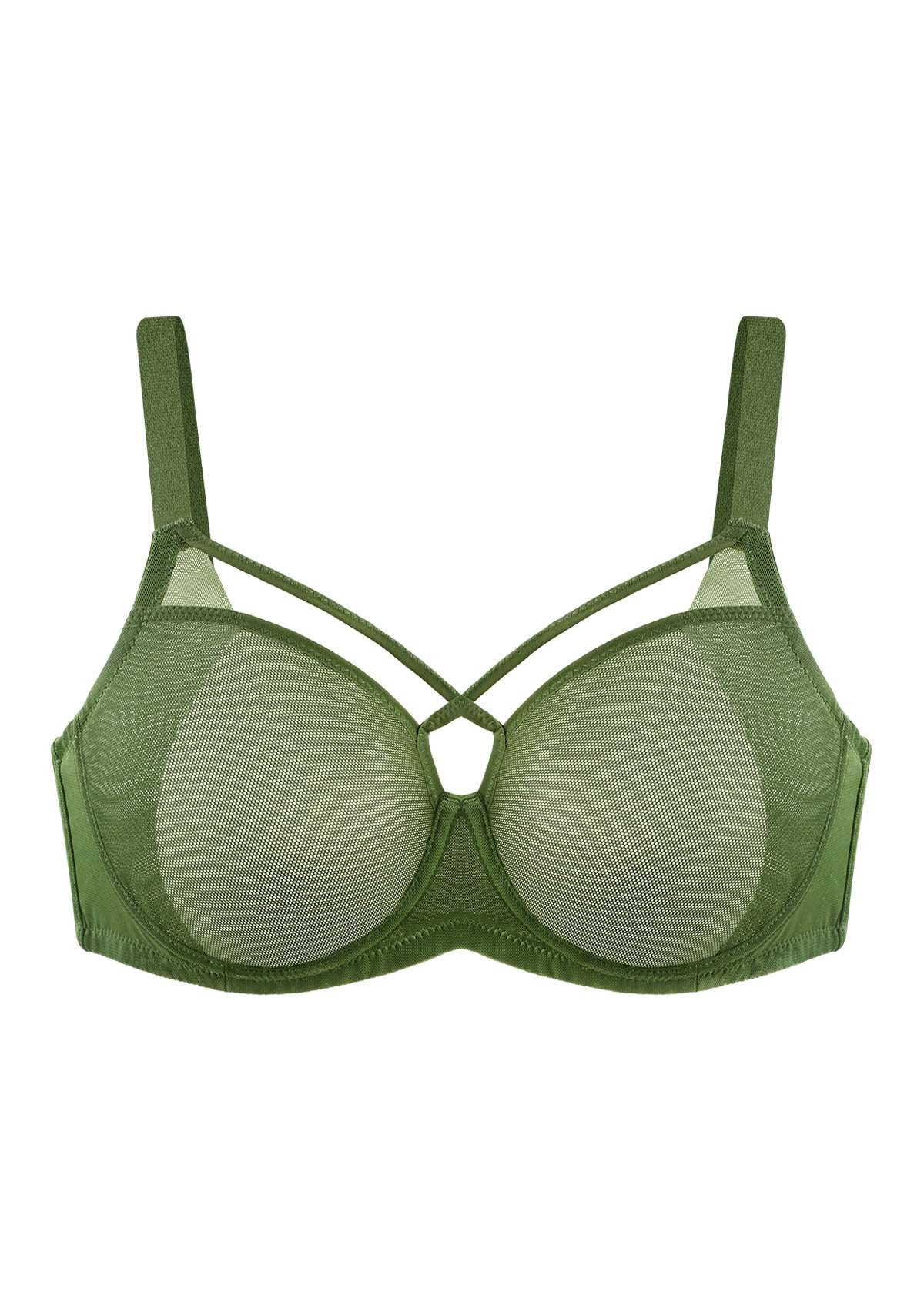 Billie Cross Front Strap Dark Green Smooth Sheer Mesh Underwire Bra - HSIA