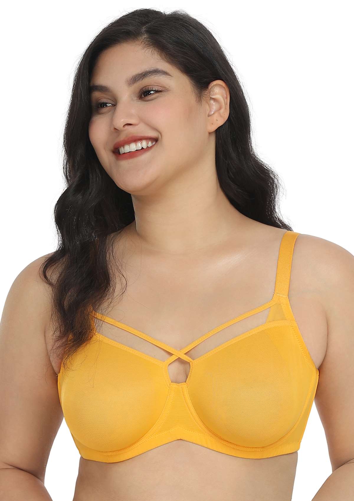 Billie Cross Front Strap Yellow Smooth Sheer Mesh Underwire Bra Set - HSIA