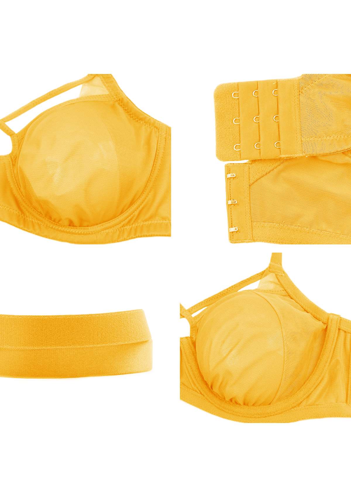Billie Cross Front Strap Yellow Smooth Sheer Mesh Underwire Bra Set - HSIA