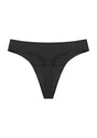 3D studio render of the black anti-camel toe thong, showing the ultra-soft stretch fabric and breathable cotton gusset.