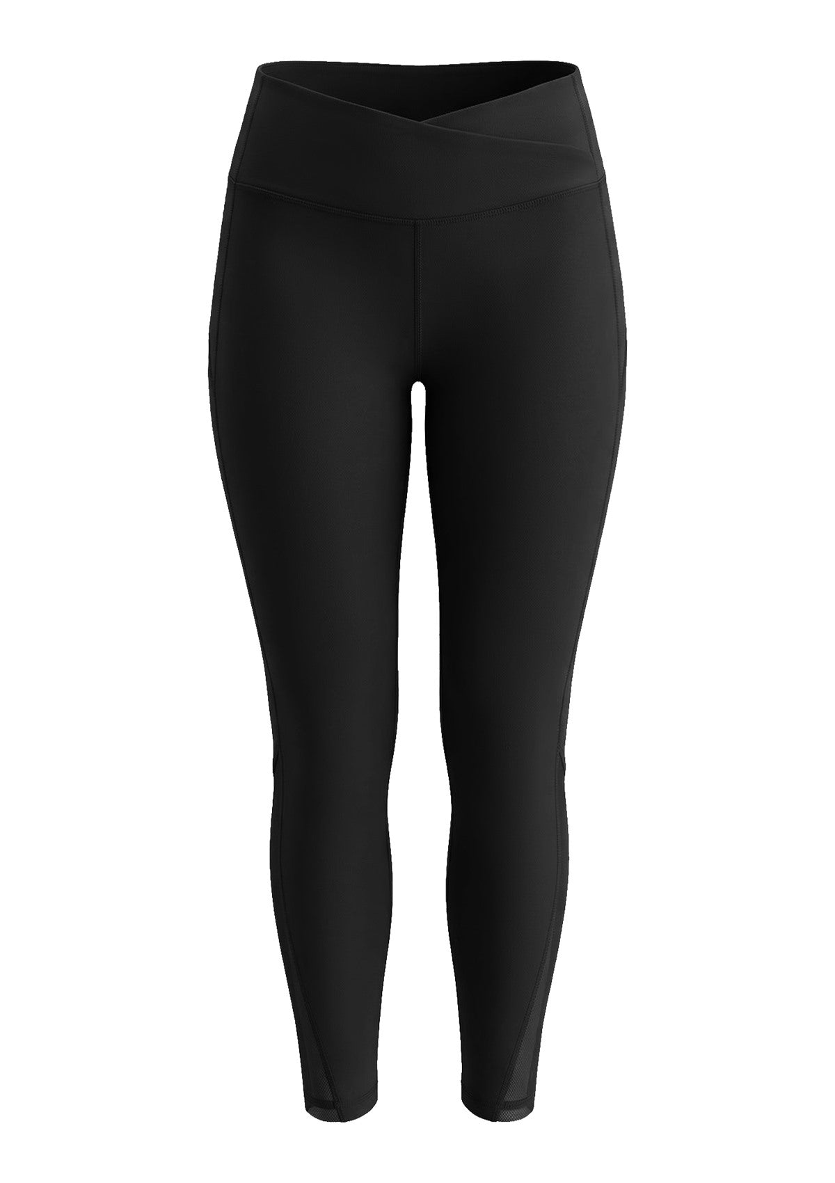 3D studio shot of the HSIA black Aura crossover yoga pants showcasing the overall tailored design and outer calf mesh details.