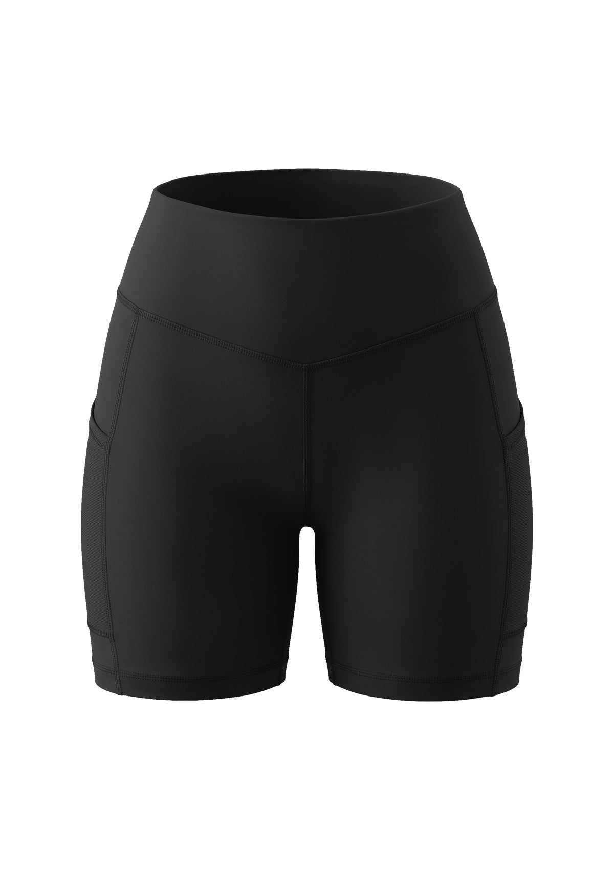 3D studio shot of the HSIA black Aura yoga shorts with pockets, emphasizing the premium four-way stretch fabric and functional design.