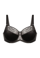 3D flat lay shot of the HSIA black embroidered balconette bra, emphasizing the premium sheer lace and structured underwire design.