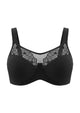 3D flat lay shot of the HSIA black embroidered mesh bra, highlighting the high-cut sheer mesh neckline and premium stretch fabric.
