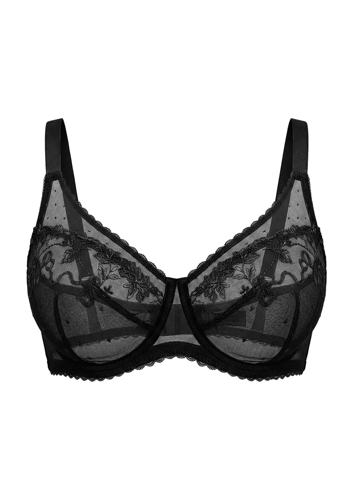 3D flat lay of the HSIA black embroidered mesh bra, emphasizing the romantic scalloped polka-dot mesh and rigid inner lining mechanism.