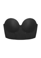 3D flat lay shot of the HSIA black longline strapless bra showcasing the wide anti-slip underband and premium fabric.