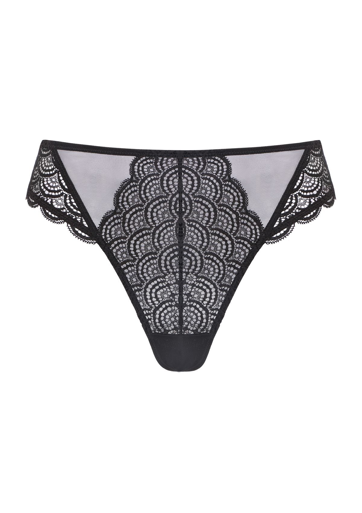3D studio render of the HSIA black high waist lace thong panty, emphasizing the intricate mermaid scale lace and everyday stretch comfort.
