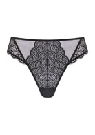 3D studio render of the HSIA black high waist lace thong panty, emphasizing the intricate mermaid scale lace and everyday stretch comfort.