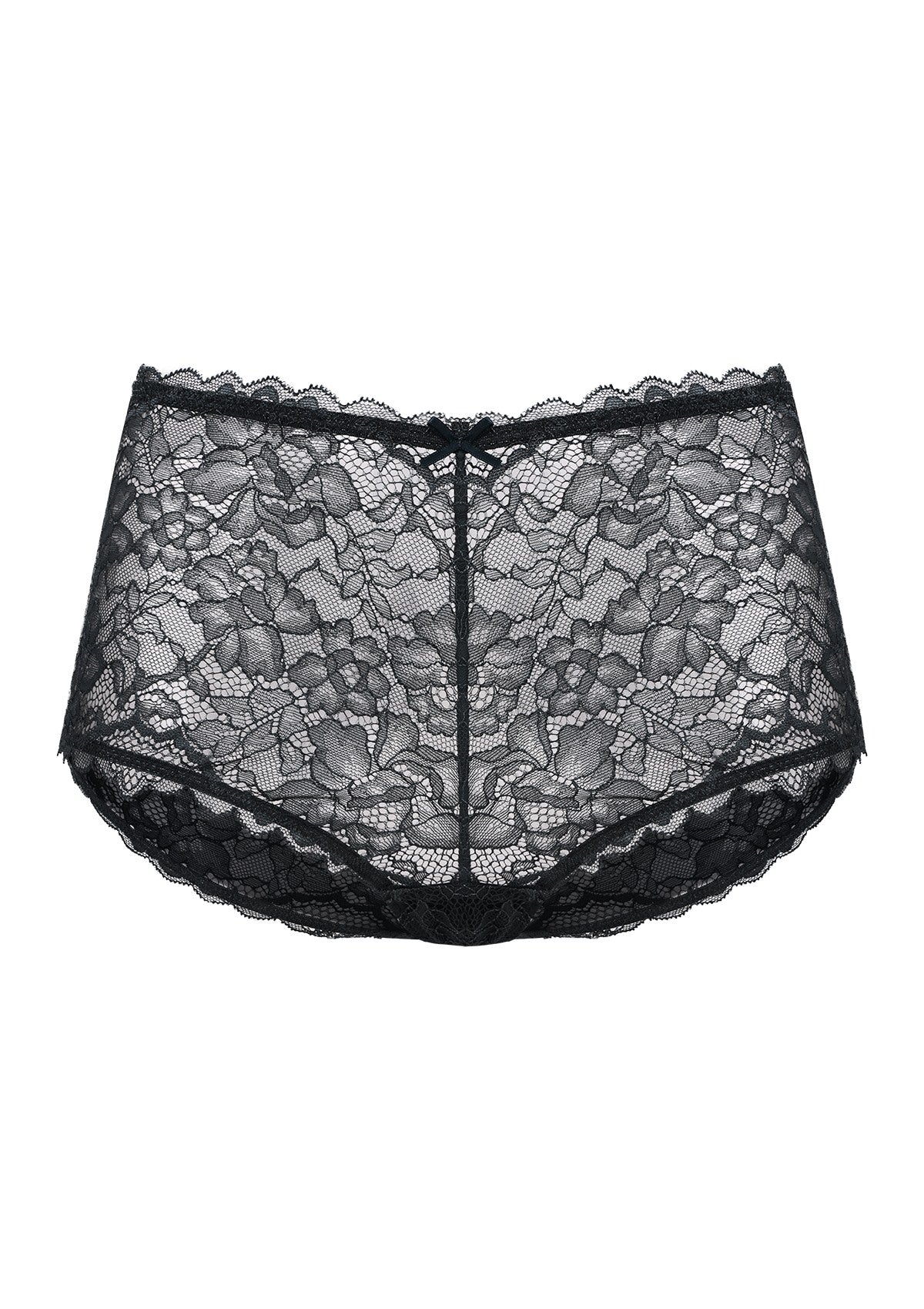 3D studio render of the HSIA black high waist lace boyshort panty, emphasizing the all-over feminine lace and breathable 100% cotton gusset.