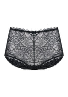 3D studio render of the HSIA black high waist lace boyshort panty, emphasizing the all-over feminine lace and breathable 100% cotton gusset.