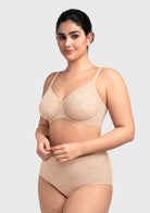 45-degree angle of the nude seamless molded cup bra, featuring soft wider side wings for gentle side support and smoothing.