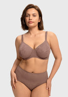  Front view of the dark brown purple seamless lace support bra, combining full coverage elegance with a flawlessly smooth, invisible fit.