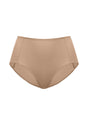 Studio shot of the Dark Beige HSIA CoolComfort high-waist brief, highlighting the stay-in-place security and light shaping construction for active days.