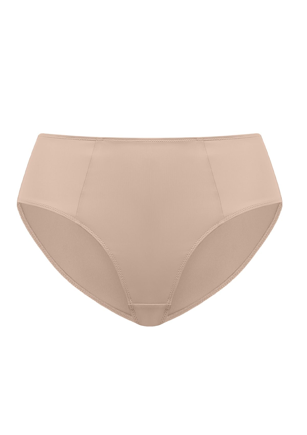 Flat lay of the Warm Sand HSIA CoolComfort seamless everyday panty, a gorgeous neutral tone engineered with a breathable 100% cotton gusset.