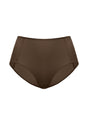 Detailed studio product view of the Cocoa Brown HSIA CoolComfort high-waist brief, emphasizing the premium seamless edges and smooth second-skin finish.