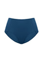 Studio flat lay of the Ocean Blue HSIA CoolComfort seamless high-waist brief, highlighting the premium double-stretch fabric and invisible tummy control.