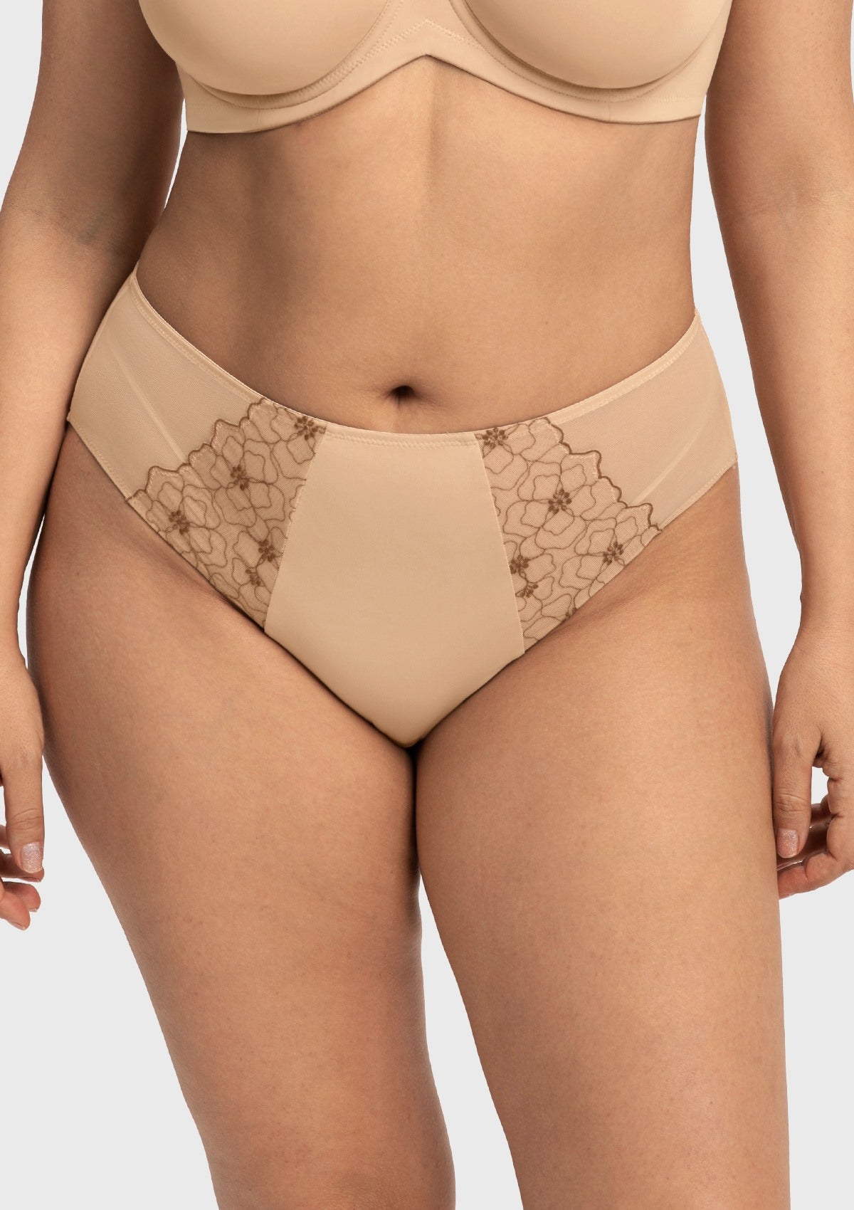 Front view of model in the Light Beige HSIA Dahlia high waist panty, a perfect everyday neutral staple featuring a stylish mesh and embroidery front panel.