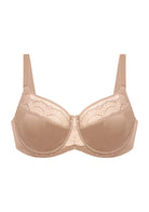 3D studio shot of the HSIA dark beige Soie lace bra, highlighting the luxurious silk-glow fabric base and delicate stretch floral embroidery.