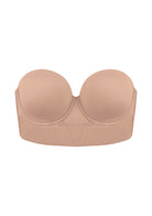 3D studio shot of the HSIA dark beige sustainable strapless bra, detailing the eco-friendly smooth fabric and sturdy underwire support.