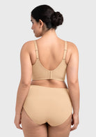 Rear view of the beige longline bra, featuring an extended back wing that smooths out bra bulge and back fat.