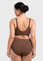 Back view of the coffee brown longline bra, showing the vest-like fit that provides a streamlined, invisible look under clothing.