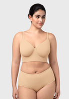 Front view of the HSIA beige Delia longline seamless T-shirt bra, a smooth wearable tank designed for fuller busts.