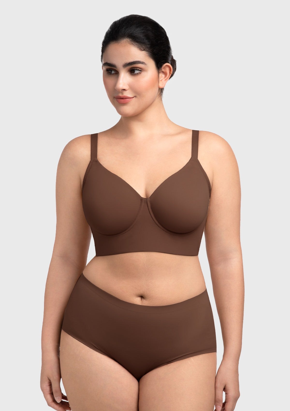 Front view of the HSIA coffee brown Delia longline bra, an elegant wearable tank that smooths curves for plus size figures.