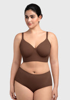 Front view of the HSIA coffee brown Delia longline bra, an elegant wearable tank that smooths curves for plus size figures.