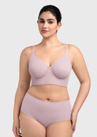 Front view of the HSIA gray purple Delia longline bra, offering an invisible seamless finish and high-performance support.