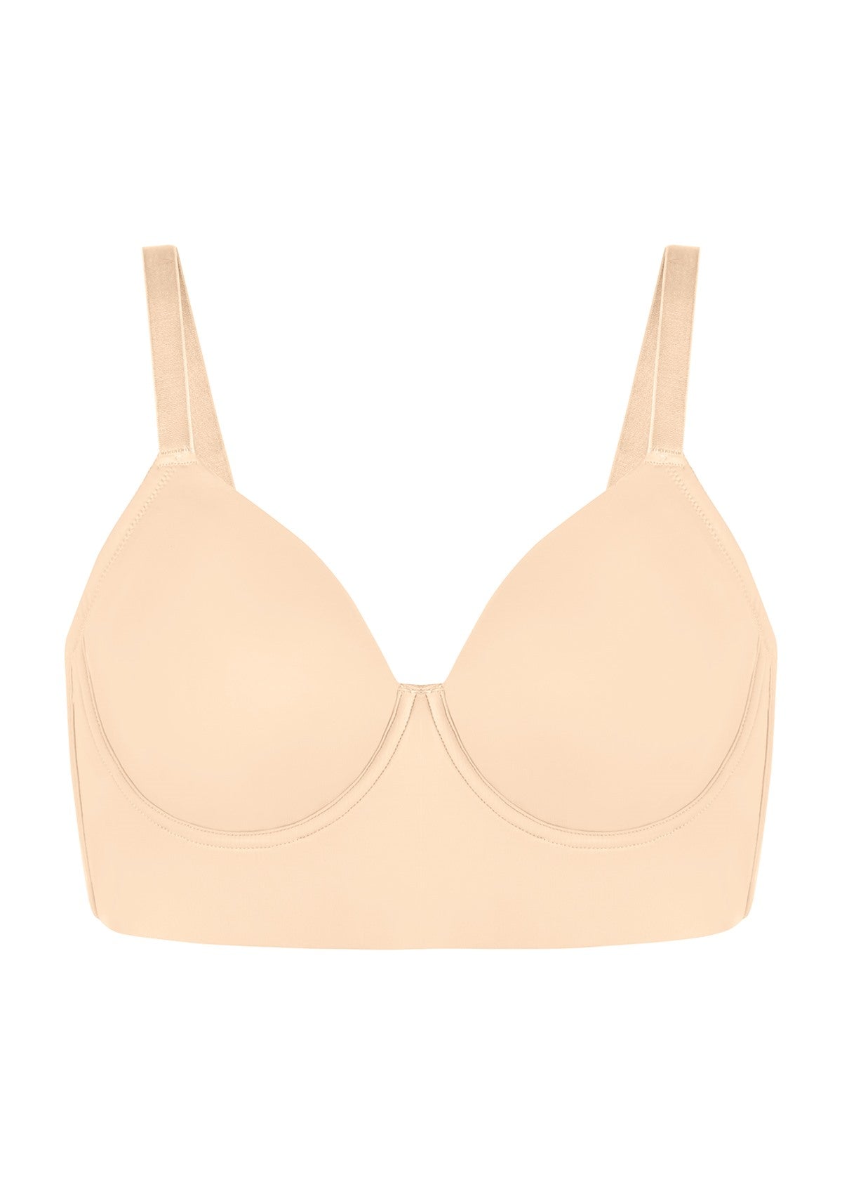 Studio shot of the beige Delia seamless molded cup bra on a white background, detailing the premium two-way stretch fabric.