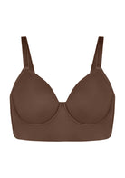 Professional studio flat lay of the coffee brown Delia longline T-shirt bra, showcasing the silky-smooth, pilling-resistant finish.
