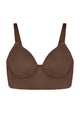 Professional studio flat lay of the coffee brown Delia longline T-shirt bra, showcasing the silky-smooth, pilling-resistant finish.