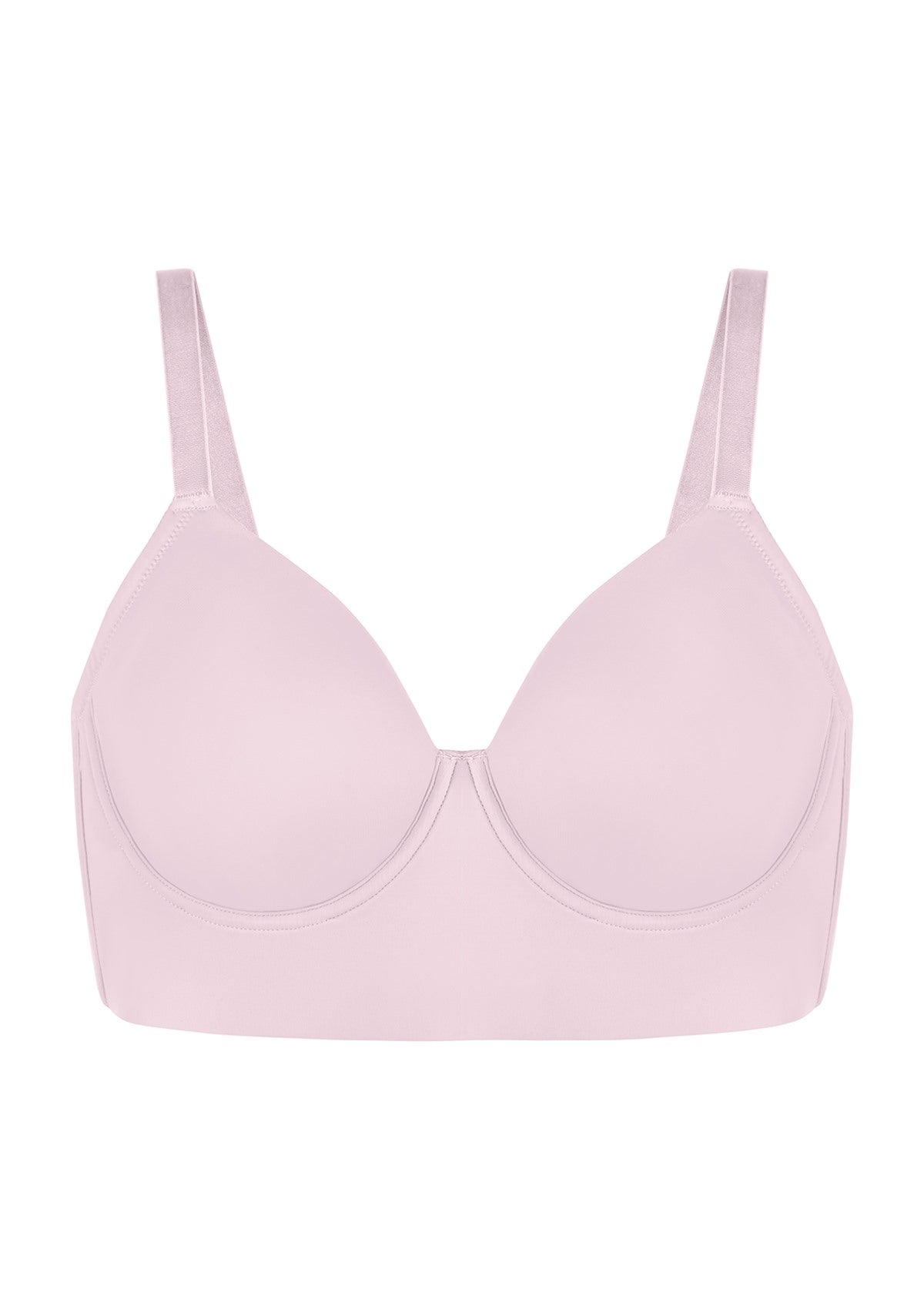 Studio product shot of the gray purple Delia seamless longline bra, emphasizing the breathable cotton-touch interior.