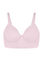 Studio product shot of the gray purple Delia seamless longline bra, emphasizing the breathable cotton-touch interior.
