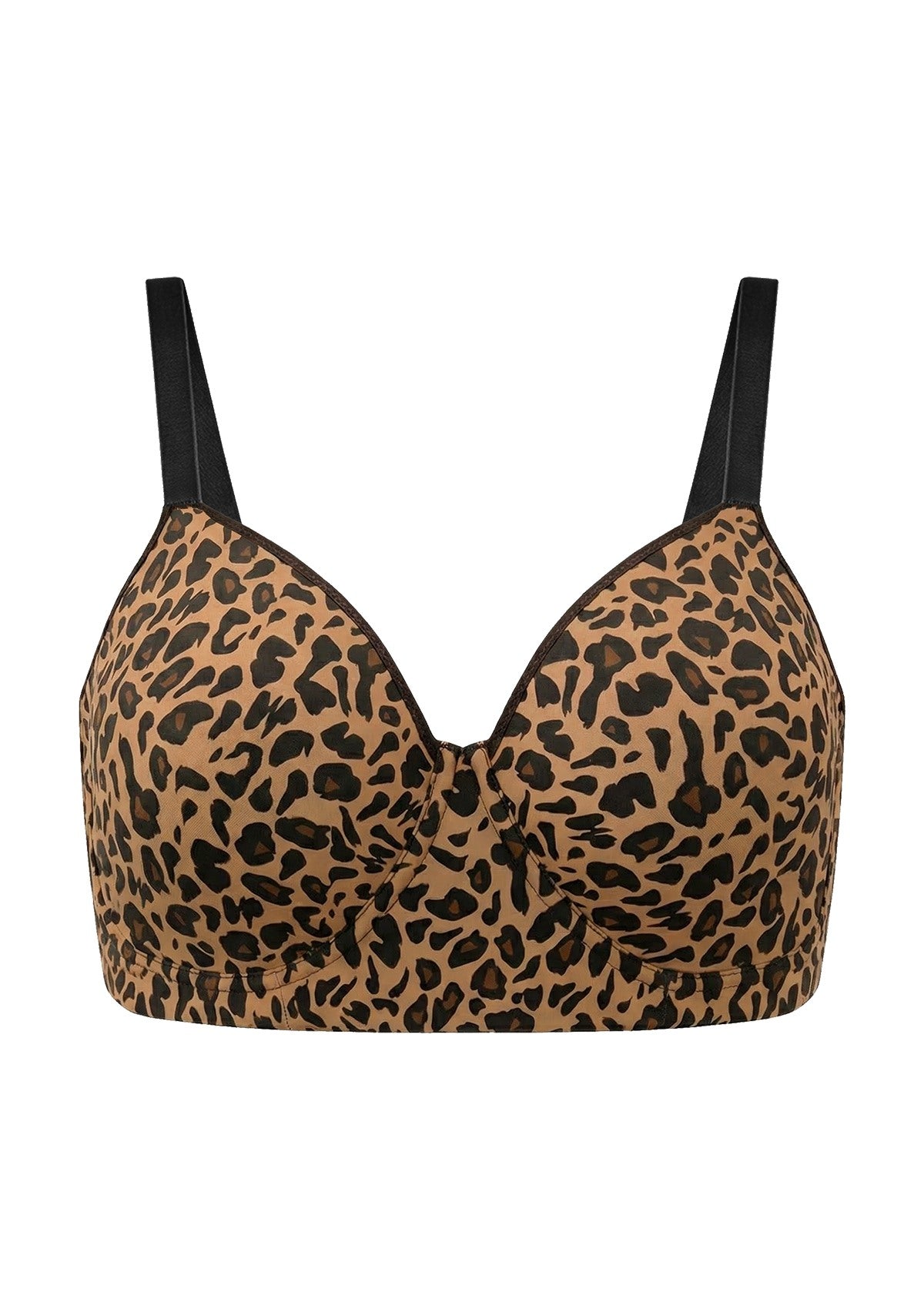 Studio flat lay of the leopard print Delia longline T-shirt bra, featuring wide comfort straps engineered for the fuller bust.